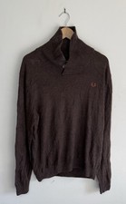 Fred Perry Knit Shawl Neck Brown Cotton Wool Blend Jumper Sweater Mens Large
