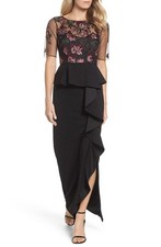 Adrianna Papell Embroidered Ruffle Gown Sz 2 Black
