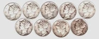 Nine silver Mercury dimes