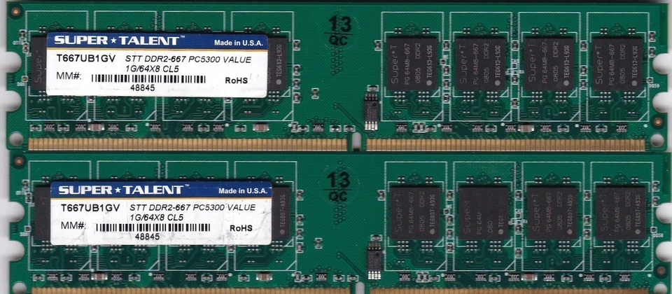 2GB 2x1GB PC2 5300 DDR2-667 SUPERTALENT T667UB1GV SUPER*TALENT Ram Memory Kit - Image 2 of 4
