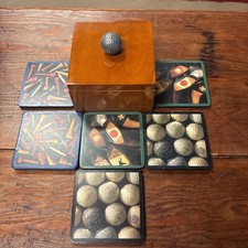 Golf Themed Set of 6 Coasters in Wood Box Golf Ball Handle