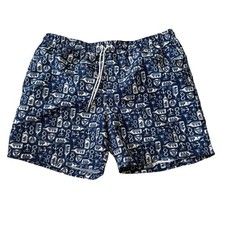 Lands End Mens XL Swim Trunks Navy Blue Nautical Ship In A Bottle Anchor Print