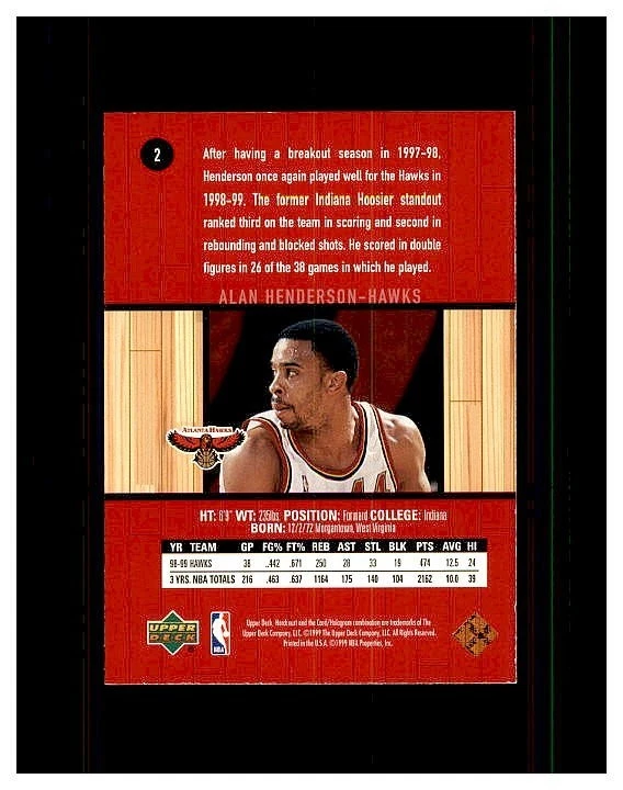 1999-00 Upper Deck Hardcourt #2 Alan Henderson Atlanta Hawks MINT - Image 2 of 2