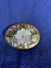 Vintage Alpaca Mexico Abalone  Mother of Pearl Floral Belt Buckle