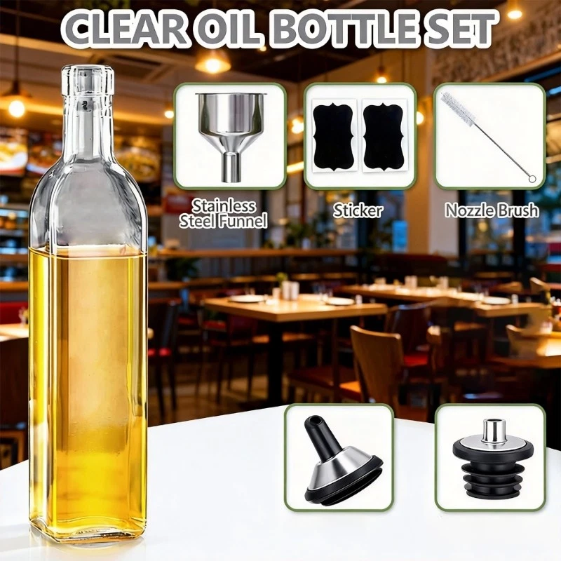 Glass Oil Dispenser with Stainless Steel Pourer Clear Borosilicate Oil Bottle