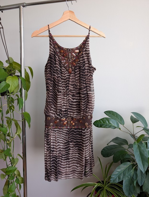 Vintage y2k Sue Wong Silk Beaded dress 6 Boho drop waist tie dye brown  festival