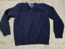 Polo Ralph Lauren youth L 100 Lambs Wool Blue V-Neck Sweater Pullover