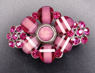 Pink Flowery Rhinestone Squeeze Barrette Hair Clip Vintage MCM