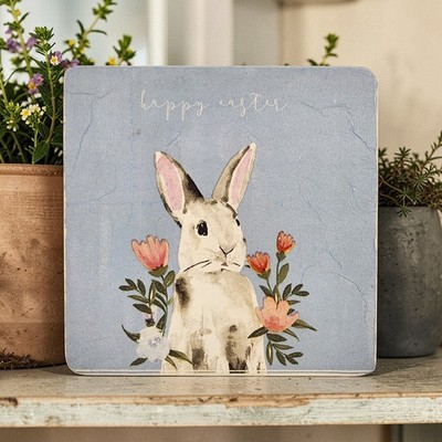 Happy Easter Handmade Bunny Spring Floral Light Blue Wood Square Plaque Sign 8''