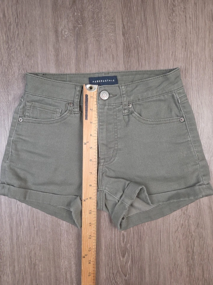 Pantalones Cortos Midi Para Mujer Aeropostale Cintura Alta Talla 00 Verde Diseño 5 Bolsillos Puños Foto 3 de 4
