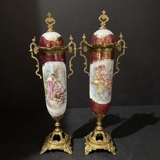 Pair Of Porcelain And Brass Urns 3 x 10.5