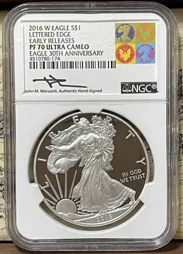 2016 W Burnished Silver Eagle NGC MS70 30th Anniversary Lettered Edge Mercanti