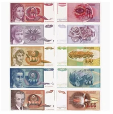 Yugoslavia 5 Pc Set 10 50 100 500 1000 Dinara P 103 104 105 106 107 UNC Banknote