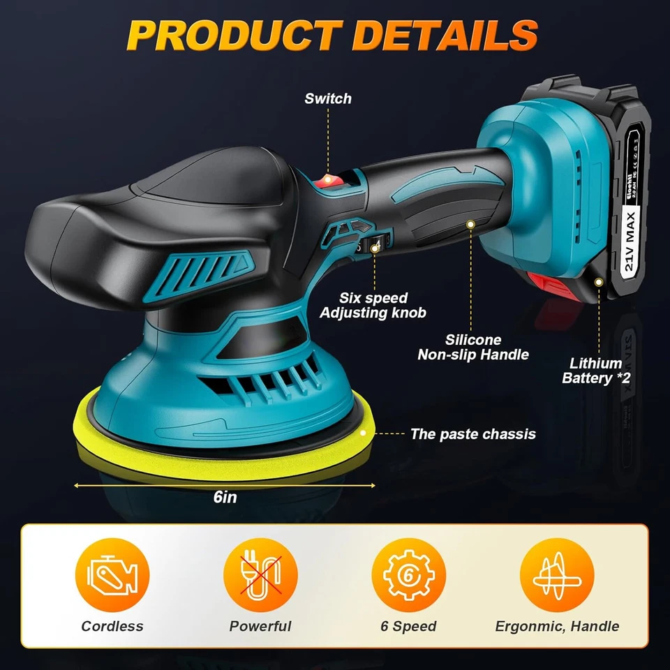 Pulidora eléctrica inalámbrica para coche de 6 pulgadas lijadora eléctrica inalámbrica de 6 velocidades con 2 baterías 21V Foto 2 de 4