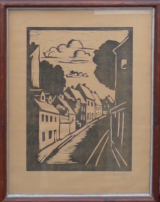ERIC CEDERBERG 1897-1984 EXPRESSIVE STREET VIEW HOUSES CLOUDS SKY 1943