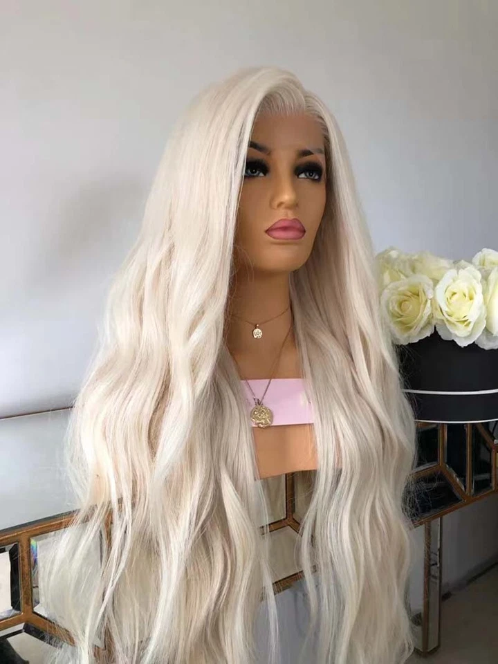 Platinum blond Lace front wig Natural wavy Synthetic hair Heat resistant Long - Image 3 of 4