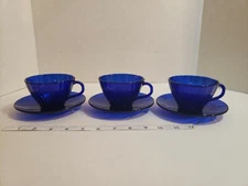 Set of 3 Duralex Bormioli Rocco Rivage Cups and Saucers Cobalt Blue Glass