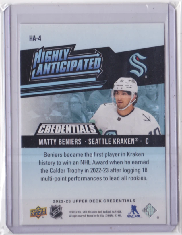 2022-23 UD CREDENTIALS HIGHLY ANTICIPATED INSERT MATTY BENIERS #HA-4 KRAKEN - Image 2 of 2