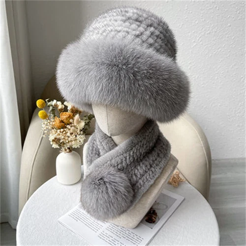 Cappello donna pelliccia visone + vera pelliccia visone vera sciarpa berretto lavorato a maglia berretto sci elasticizzato - Foto 10 di 22