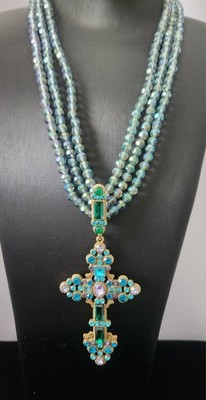 Heidi Daus Inspired Blue And Lavender Cross Necklace