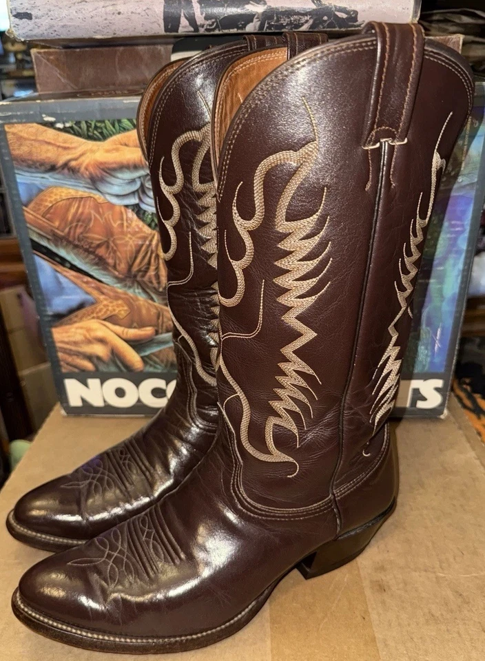 Botas de Vaquero de Colección 80 Nocona Para Hombres 1171 Cuero Marrón Cosidas en Llama 10 EE PRÍSTINAS Foto 3 de 4
