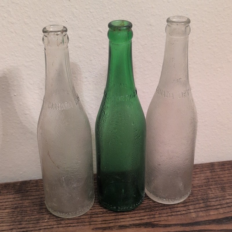 Canada Dry Lot of 3 Vintage Embossed Glass Soda Bottles Clear & Green