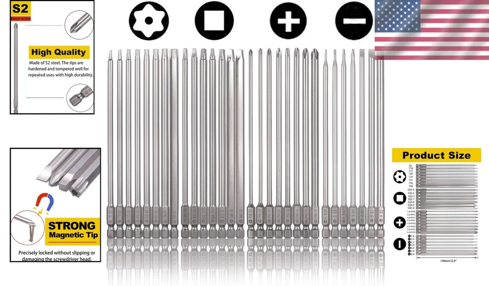 Long 6-Inch Screwdriver Bits Set - 30 Mixed Drive Types in Premium S2 Steel - Image 2 of 4