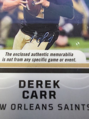 2023 Obsidian Derek Carr 1/1! Atomic NFL Shield Patch!! Oakland Raiders Saints! - Picture 5 of 5