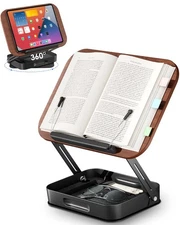 Book Stand for Reading, Book Holder with Storage and 360° Rotating Base, Adju...