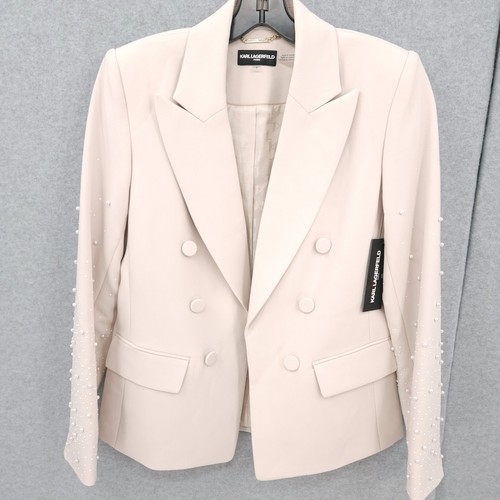 Karl Lagerfeld Paris Pearl Embellished Peak Lapel Open Front Jacket Womens 8 NWT