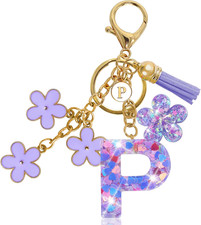 Resin Alphabet Initial Letter Keychain Tassel Flower Pendant Key Ring for Purse