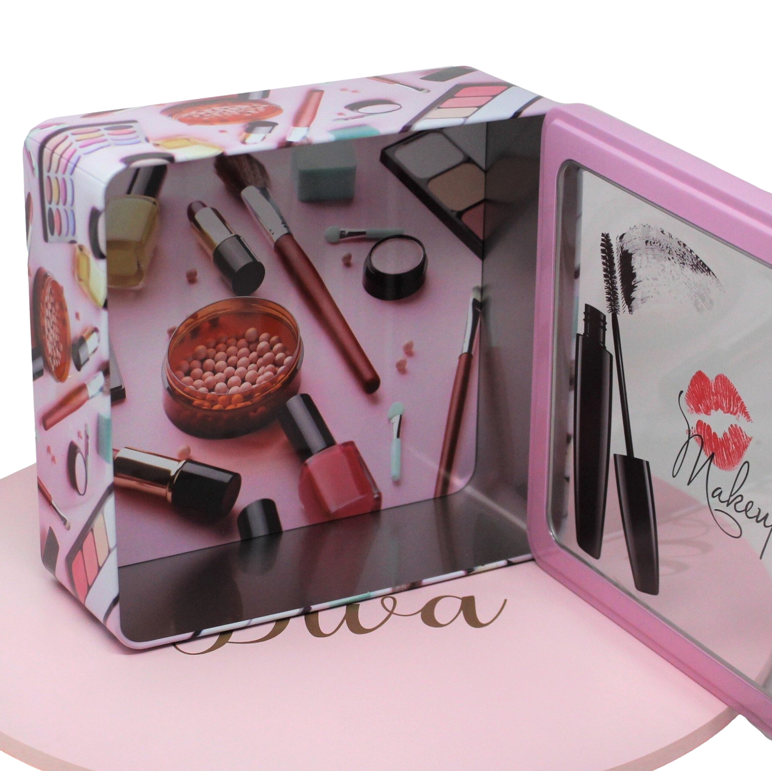 MakeUp Storage Box Pink See Through Lid Top Square Case Container Organiser