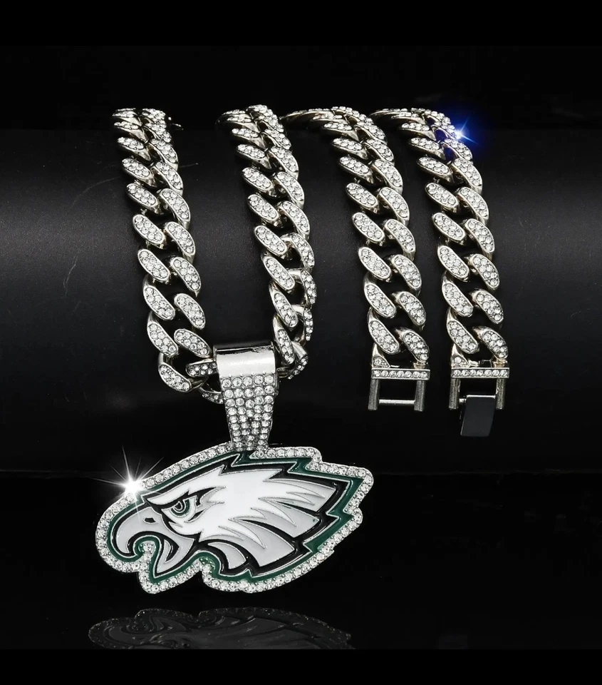 PHILADELPHIA EAGLES драгоценный камень ожерелье серебро блестящий футбол подвеска / 24» кубинская цепочка - Изображение 4 из 4