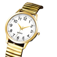 Men's Simple Basic White Dial Expander Expanding Watch Easy To Read Numbers Gold