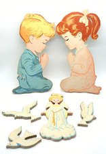 Vintage 1958 Dolly Toy Co Nursery Wall Art Praying Boy and Girl Angel 3 Doves