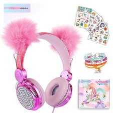 Girls Pink Pompon Wired Headphones,Cute Cat Ear Kids Game Headset for Teens T...