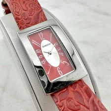 Chicos CH-403 Silver Tone Long Tank Red Leather Women’s Watch, New Battery