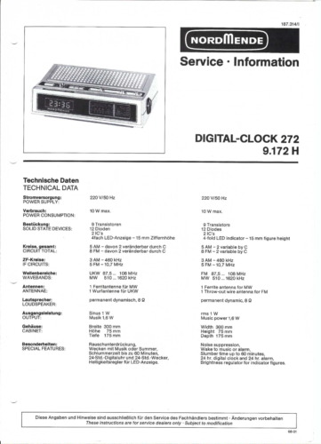 Nordmende Original Service Manual digital clock 272  9.172H - Picture 1 of 1
