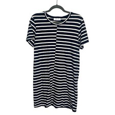 Everlane Womans L Navy Blue White The Beach Tee Dress Staggered Stripe Crew Neck