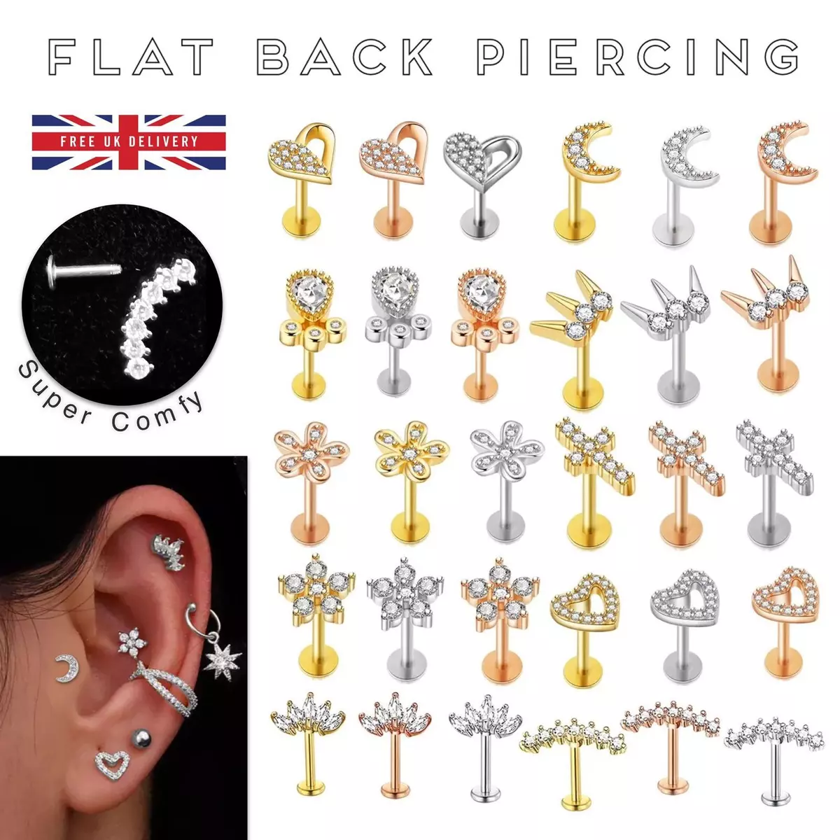 Clear Plastic Earrings -Retainer/School/Sports/Cartilage-Fast 1st class  Delivery