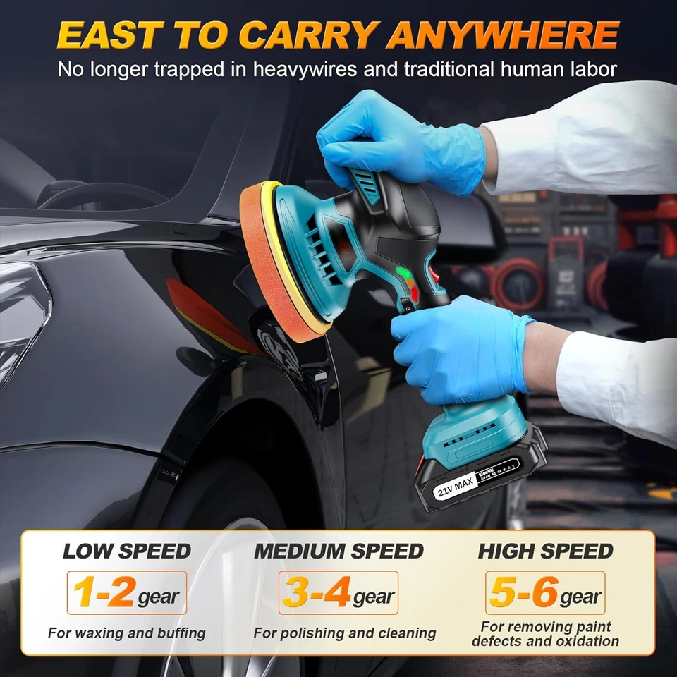 Pulidora eléctrica inalámbrica para coche de 6 pulgadas lijadora eléctrica inalámbrica de 6 velocidades con 2 baterías 21V Foto 3 de 4