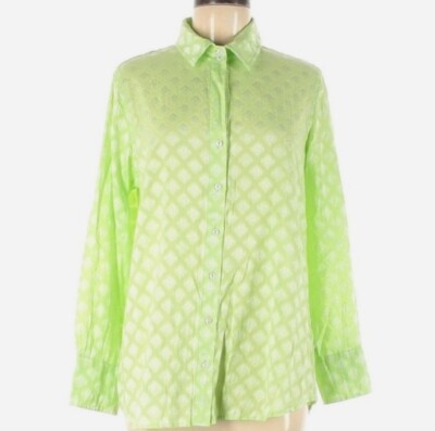 Soft Surroundings M Lime Green Ling Sleeve Button Down Dress Shirt Blouse 0820