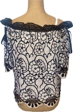 ALEXIS FABULOUS CROCHET BLACK AND WHITE SEXY OFF SHOULDER TOPWITH UNIQUE DETAILS