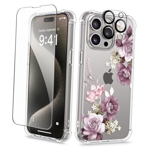 for iPhone 15 Pro Case Floral, with Screen A Cherry Blossoms/Purple