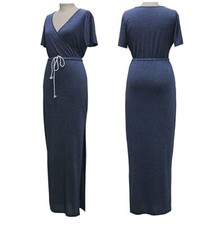 Women’s V Neck Casual Blue Maxi Summer High Split Dress w Rope Belt S