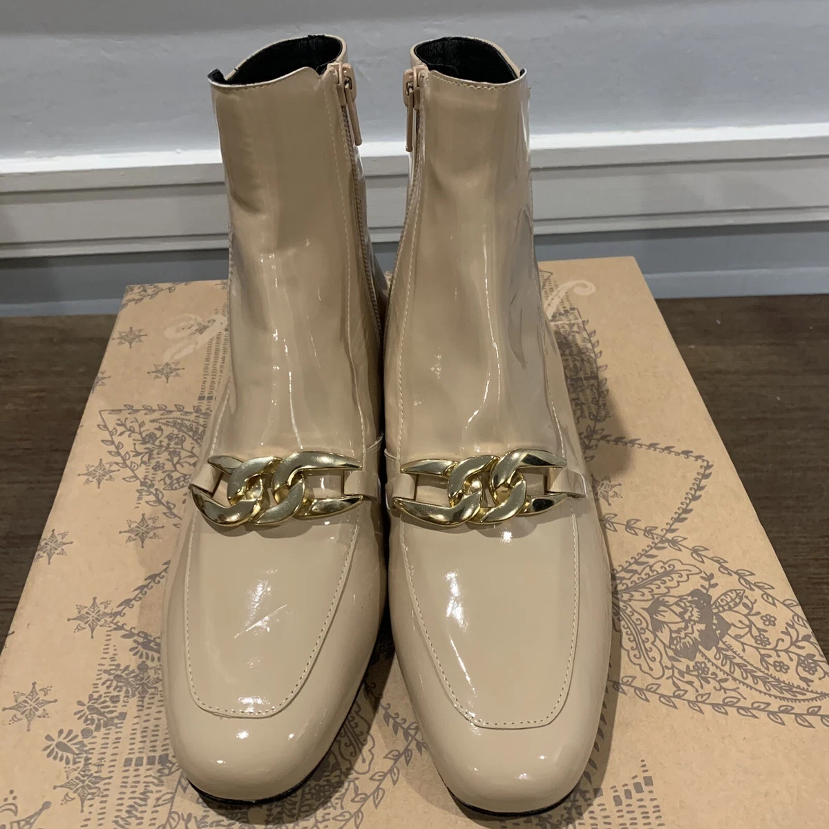 Nude patent cheap ankle boots