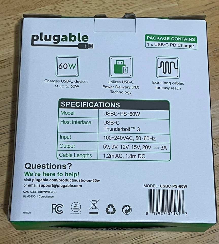 Plugable USB C Laptop Charger UL & CE Certified 60W PD Power Adapter - Image 2 of 4