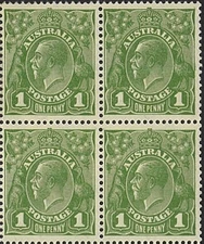 1931 Australia George V MNH One Penny Block Crown C of A WMKs Green Stamps issue