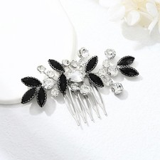 Rhinestone Bride Wedding Hair Comb Black Crystal Side Leaf Headpiece 1 PCS