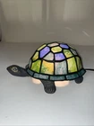 Vintage 7" Green/blue Tiffany Style Stained Glass Turtle Lamp Brass Base Read